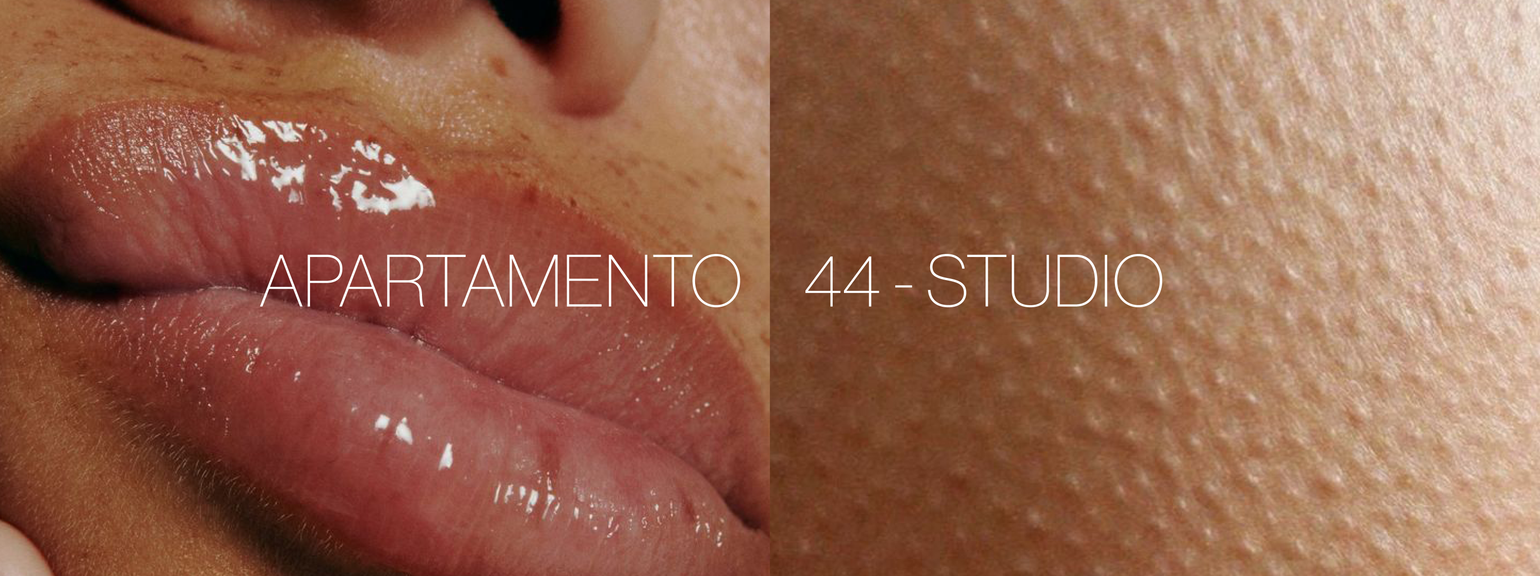 Labios con gloss y piel erizada de un brazo, acompañados del texto 'Apartamento 44', reflejando la estética y el impacto visual de nuestra marca en cada detalle.